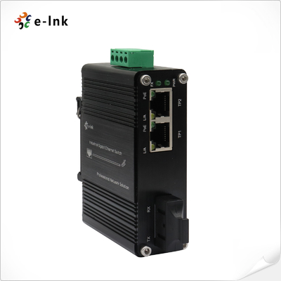 محول الوسائط PoE+ الصناعي المصغر من منفذ واحد 100Base-FX إلى منفذين 10/100Base-T 30W